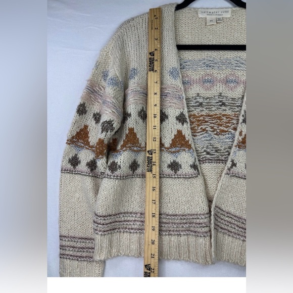Saltwater Luxe Boho Aztec Cardigan Open Front Chunky Knit Neutral M Wool Blend - Picture 6 of 8